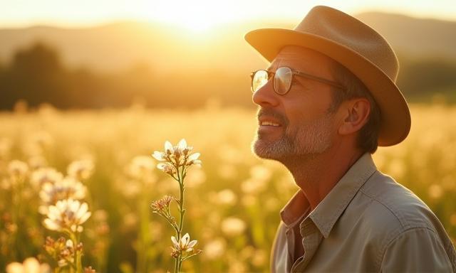 Founder observing almond blossoms