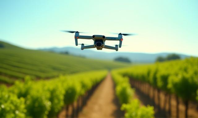 Drone flying over vineyard